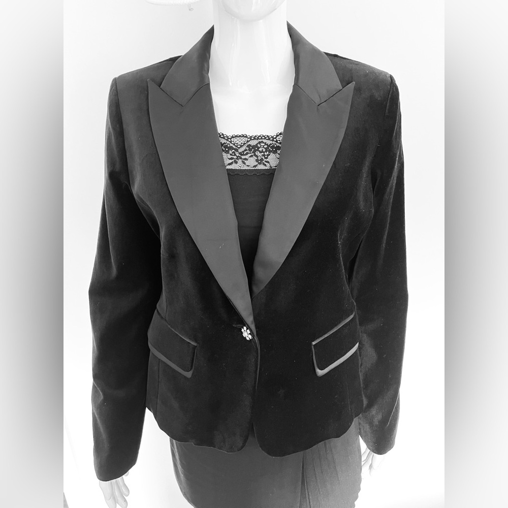 Black cotton velvet blazer single button tuxedo satin double collar pockets US M